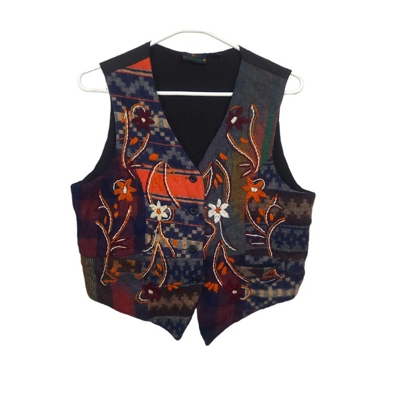 Vintage Wool Blend Vest Large Floral Embroidered Fleece J Gee Floral Tribal Fall - Picture 1 of 5